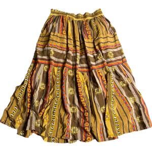 Sela Collection 100% silk boho tiered midi skirt brown yellow print S